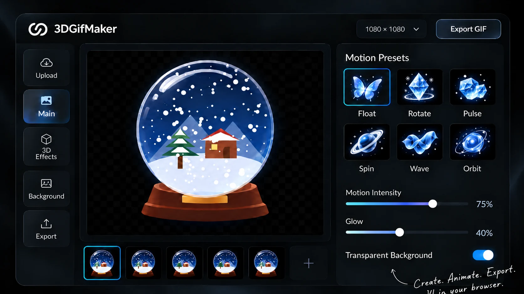 3DGifMaker studio illustration with a snow-globe animation, motion presets, and GIF export controls